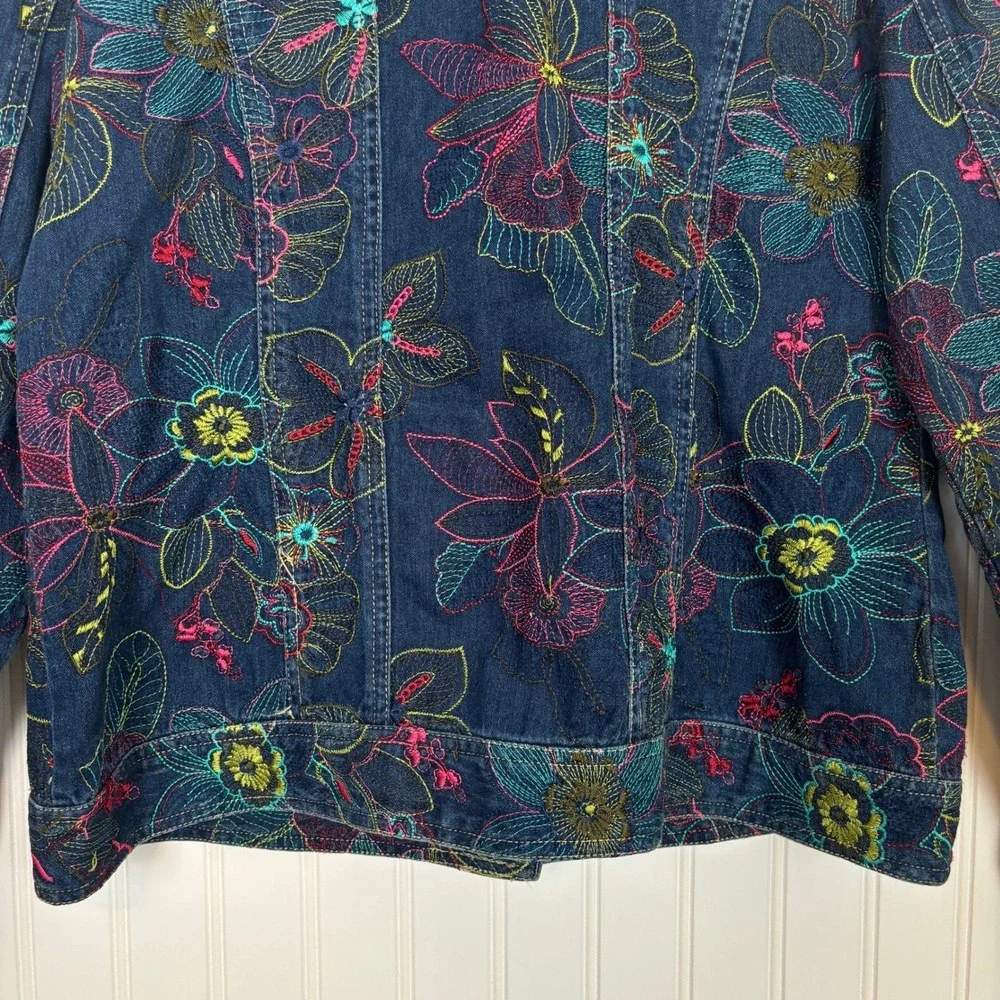 Boho Floral Embroidered Denim Jacket M Hippie Festival Maximalist Artsy Colorful